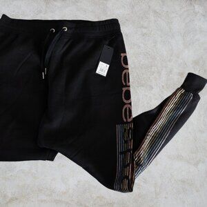Bebe Sport Black Joggers Metallic Sparkly Rose Gold and Pastel Rainbow Stripes